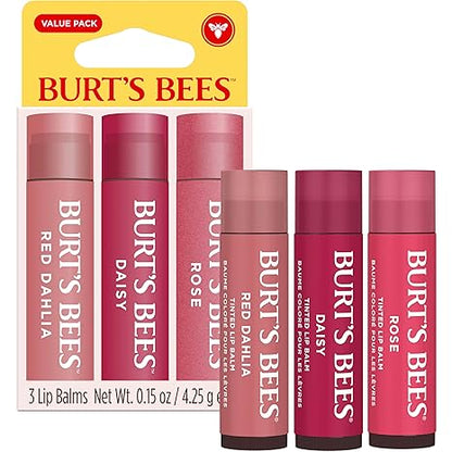 Burt’s Bees Tinted Lip Balm Value Pack Includes 3 Lip Balms: Red Dahlia, Daisy and Rose; 8 Hour Moisture; Provides a Hint of Color; Nourishing Shea Butter; 100% Natural Origin; 3 Tubes; 3x0.15 Oz.