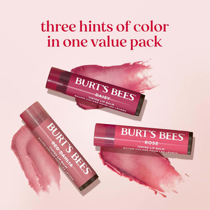 Burt’s Bees Tinted Lip Balm Value Pack Includes 3 Lip Balms: Red Dahlia, Daisy and Rose; 8 Hour Moisture; Provides a Hint of Color; Nourishing Shea Butter; 100% Natural Origin; 3 Tubes; 3x0.15 Oz.