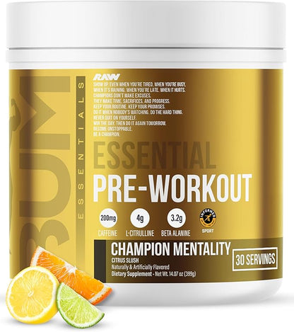 RAW Essential Pre-Workout Powder (Champion Mentality) - Chris Bumstead Sports Nutrition Supplement for Men & Women - Preworkout Energy Powder with Caffeine, L-Citrulline, L-Tyrosine & Beta Alanine 14.07oz (399g)