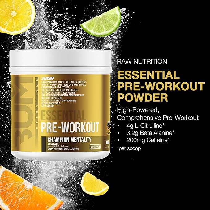 RAW Essential Pre-Workout Powder (Champion Mentality) - Chris Bumstead Sports Nutrition Supplement for Men & Women - Preworkout Energy Powder with Caffeine, L-Citrulline, L-Tyrosine & Beta Alanine 14.07oz (399g)