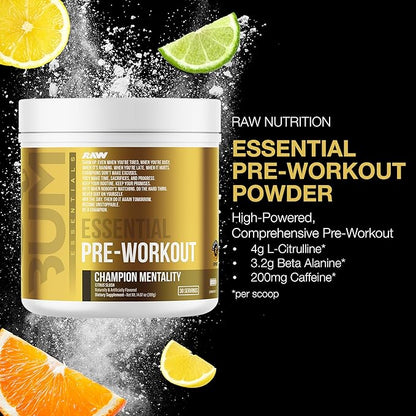 RAW Essential Pre-Workout Powder (Champion Mentality) - Chris Bumstead Sports Nutrition Supplement for Men & Women - Preworkout Energy Powder with Caffeine, L-Citrulline, L-Tyrosine & Beta Alanine 14.07oz (399g)