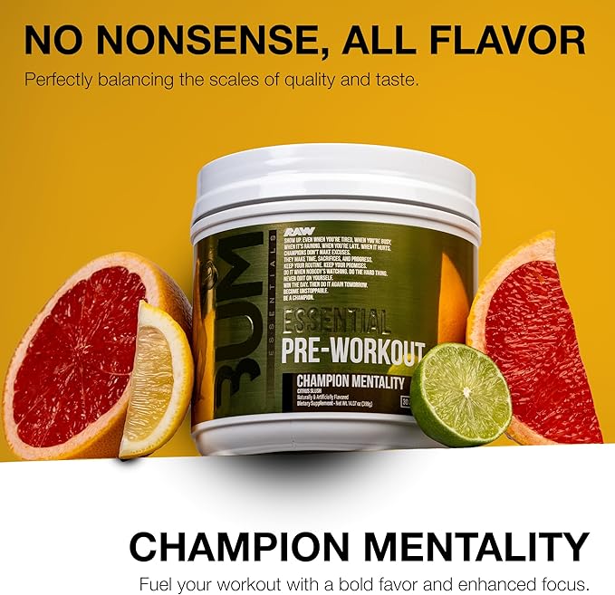 RAW Essential Pre-Workout Powder (Champion Mentality) - Chris Bumstead Sports Nutrition Supplement for Men & Women - Preworkout Energy Powder with Caffeine, L-Citrulline, L-Tyrosine & Beta Alanine 14.07oz (399g)