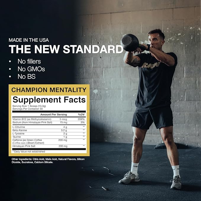 RAW Essential Pre-Workout Powder (Champion Mentality) - Chris Bumstead Sports Nutrition Supplement for Men & Women - Preworkout Energy Powder with Caffeine, L-Citrulline, L-Tyrosine & Beta Alanine 14.07oz (399g)