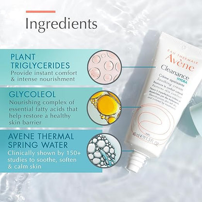 Avène Cleanance HYDRA Soothing Cream, Rich Moisturizer, Adjunctive Care for Drying Acne Treatments, 1.3 Oz