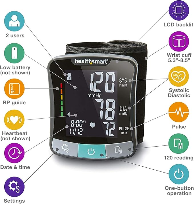 HealthSmart Digital Premium Wrist Blood Pressure Monitor with Cuff That Measures Pulse Heartbeat and High or Low BP, 120 Reading Memory Stores Up to 60 Readings for 2 Users