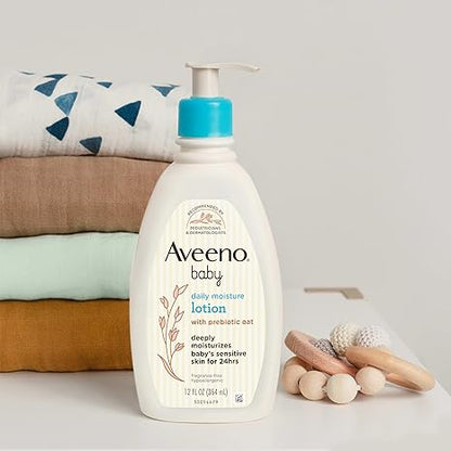 Aveeno Baby Daily Moisture Body Lotion for Sensitive Skin, Hypoallergenic Moisturizing Baby Lotion with Nourishing Oat to Deeply Moisturize Baby's Skin, Fragrance-Free, 18 fl. oz, 2 Pack