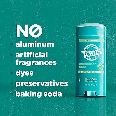 Tom’s of Maine Cucumber Aloe Aluminum Free Natural Deodorant For Women & Men | Goes on Clear | Odor & Wetness Protection | Naturally Derived and Moisture-Locking Ingredients | 3.25 oz