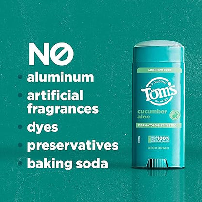 Tom’s of Maine Cucumber Aloe Aluminum Free Natural Deodorant For Women & Men | Goes on Clear | Odor & Wetness Protection | Naturally Derived and Moisture-Locking Ingredients | 3.25 oz