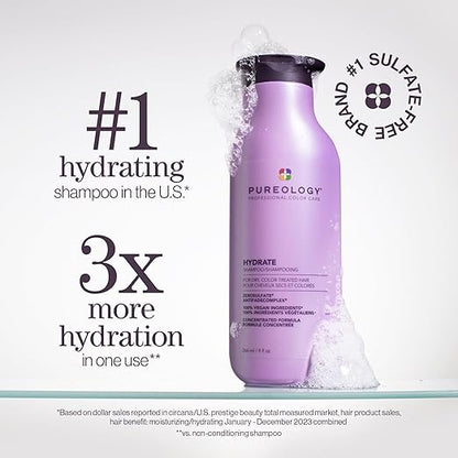 Pureology Hydrate Shampoo - For Dry or Color Treated Hair, Moisturizing Shampoo For Hydration & Softness, With Rose Extract & Green Tea, Vegan & Sulfate-Free
