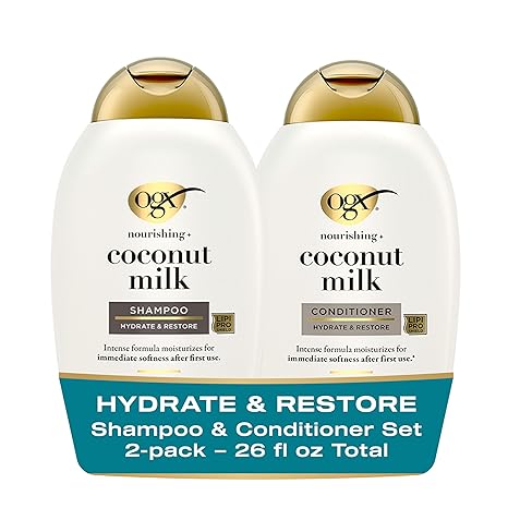 OGX Nourishing + Coconut Milk Sulfate Free Shampoo and Conditioner Set, Hydrates & Softens Hair, Lipi Pro Shield Technology, Creamy Coconut Milk White Peach & Shea Butter Scent, 2 Items, 2 x 13 fl oz Visit the OGX Store