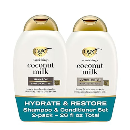 OGX Nourishing + Coconut Milk Sulfate Free Shampoo and Conditioner Set, Hydrates & Softens Hair, Lipi Pro Shield Technology, Creamy Coconut Milk White Peach & Shea Butter Scent, 2 Items, 2 x 13 fl oz Visit the OGX Store