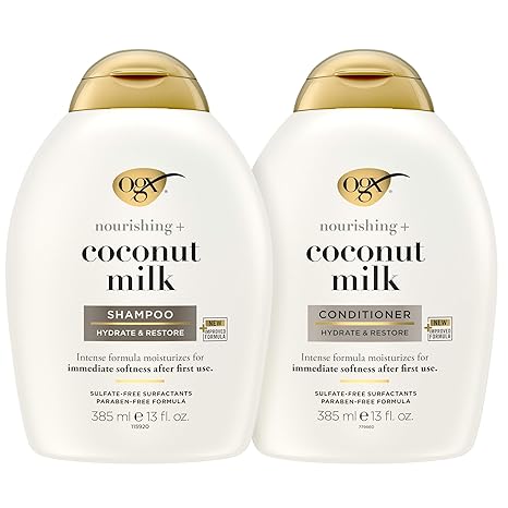 OGX Nourishing + Coconut Milk Sulfate Free Shampoo and Conditioner Set, Hydrates & Softens Hair, Lipi Pro Shield Technology, Creamy Coconut Milk White Peach & Shea Butter Scent, 2 Items, 2 x 13 fl oz Visit the OGX Store