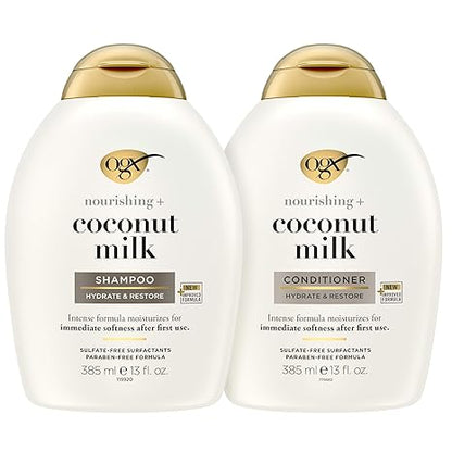 OGX Nourishing + Coconut Milk Sulfate Free Shampoo and Conditioner Set, Hydrates & Softens Hair, Lipi Pro Shield Technology, Creamy Coconut Milk White Peach & Shea Butter Scent, 2 Items, 2 x 13 fl oz Visit the OGX Store