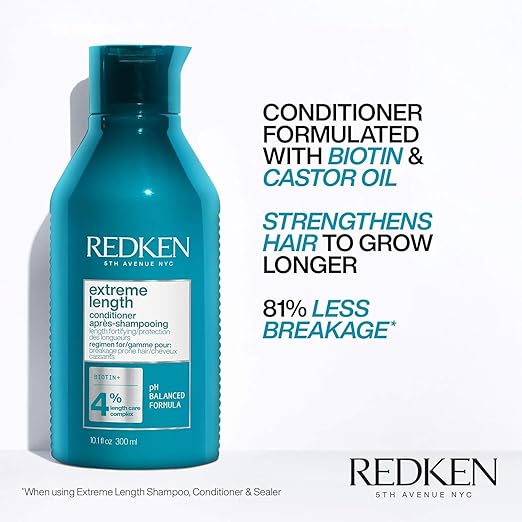 Redken Extreme Length Biotin Conditioner For Longer Hair – Promotes Healthy Hair Growth, Strengthens & Detangles Damaged Hair, Infused With Biotin & Castor Oil
