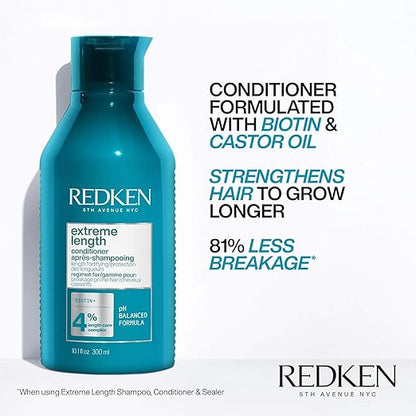 Redken Extreme Length Biotin Conditioner For Longer Hair – Promotes Healthy Hair Growth, Strengthens & Detangles Damaged Hair, Infused With Biotin & Castor Oil