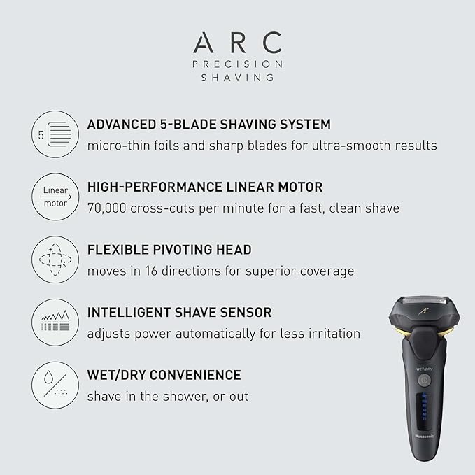 Panasonic ARC5 Electric Razor for Men with Pop-up Trimmer, Wet Dry 5-Blade Electric Shaver with Intelligent Shave Sensor and 16D Flexible Pivoting Head - ES-LV67-K (Black) (Renewed)