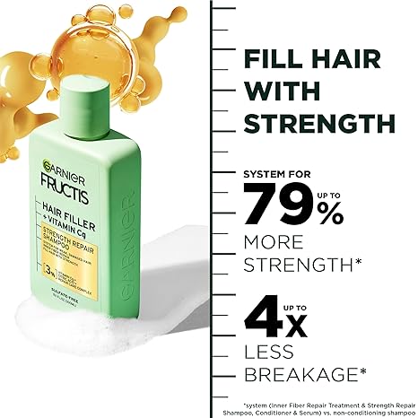 Garnier Fructis Hair Filler Strength Repair Shampoo with Vitamin Cg, Sulfate Free Shampoo for Weak, Damaged Hair, 10.1 Fl Oz, 1 Count