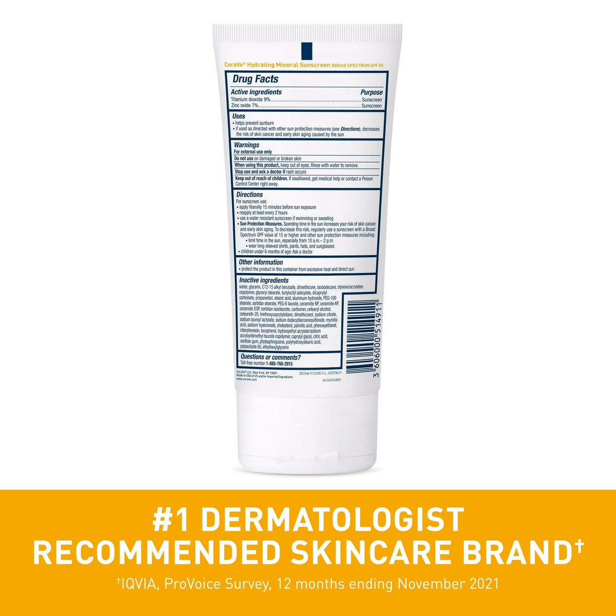 CeraVe Hydrating Mineral Sunscreen SPF 50 Body Lotion for Sensitive Skin, Kids & Adults 5 fl oz