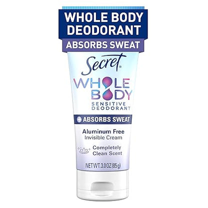 Secret Whole Body Deodorant Dry Feel Cream + Absorbs Sweat for Women, Completely Clean Scent, Aluminum Free Deodorant, 72 HR Odor Protection, 3.0 oz