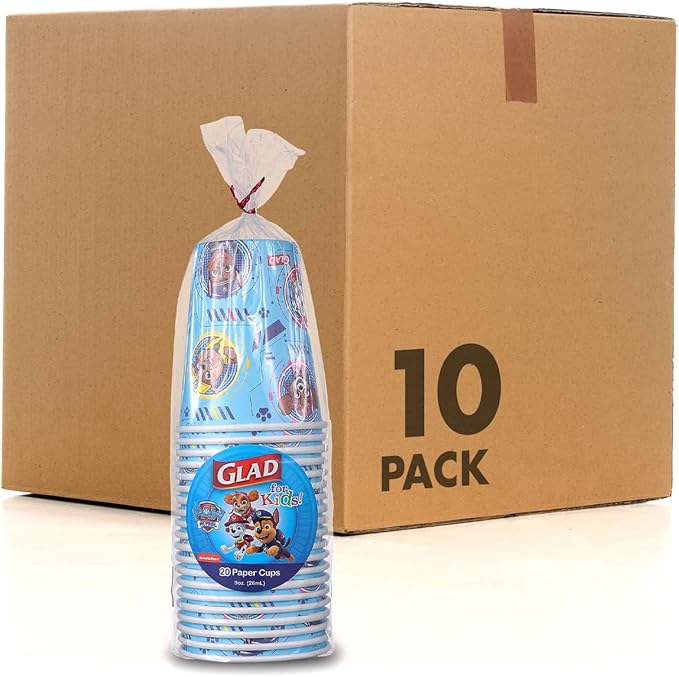 Glad for Kids Paw Patrol Paper Cups, Soak Proof Heavy Duty Disposable Drink Cups for Kids Parties, School Events, and Everyday Meals, Easy Cleanup and Kid Friendly Design, 9 oz, 20 Count - 10 Pack