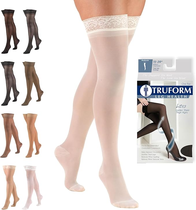 Truform Sheer Compression Stockings, 15-20 mmHg, Women's Thigh High Length, 20 Denier, Ivory, X-Large