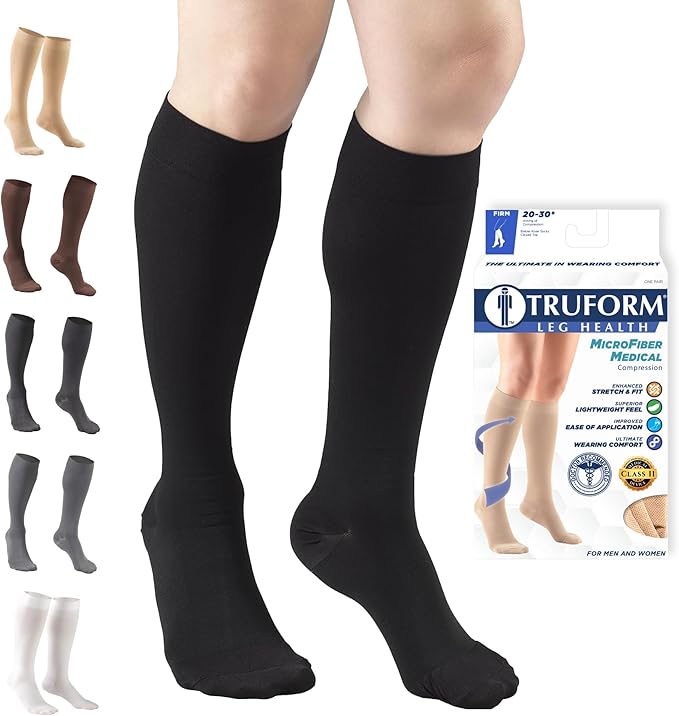 Truform 20-30 mmHg Compression Stockings for Men and Women, Knee High Length, Closed Toe, Black, Medium