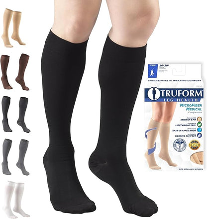 Truform 20-30 mmHg Compression Stockings for Men and Women, Knee High Length, Closed Toe, Black, Medium