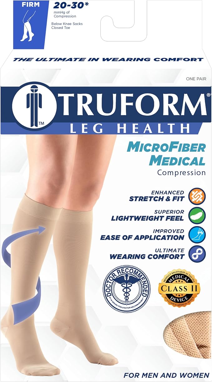 Truform 20-30 mmHg Compression Stockings for Men and Women, Knee High Length, Closed Toe, Black, Medium