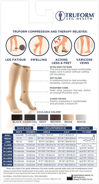 Truform 20-30 mmHg Compression Stockings for Men and Women, Knee High Length, Closed Toe, Black, Medium
