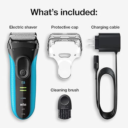 Braun Electric Series 3 Razor with Precision Trimmer, Rechargeable, Wet & Dry Foil Shaver for Men, Blue/Black, 4 Piece