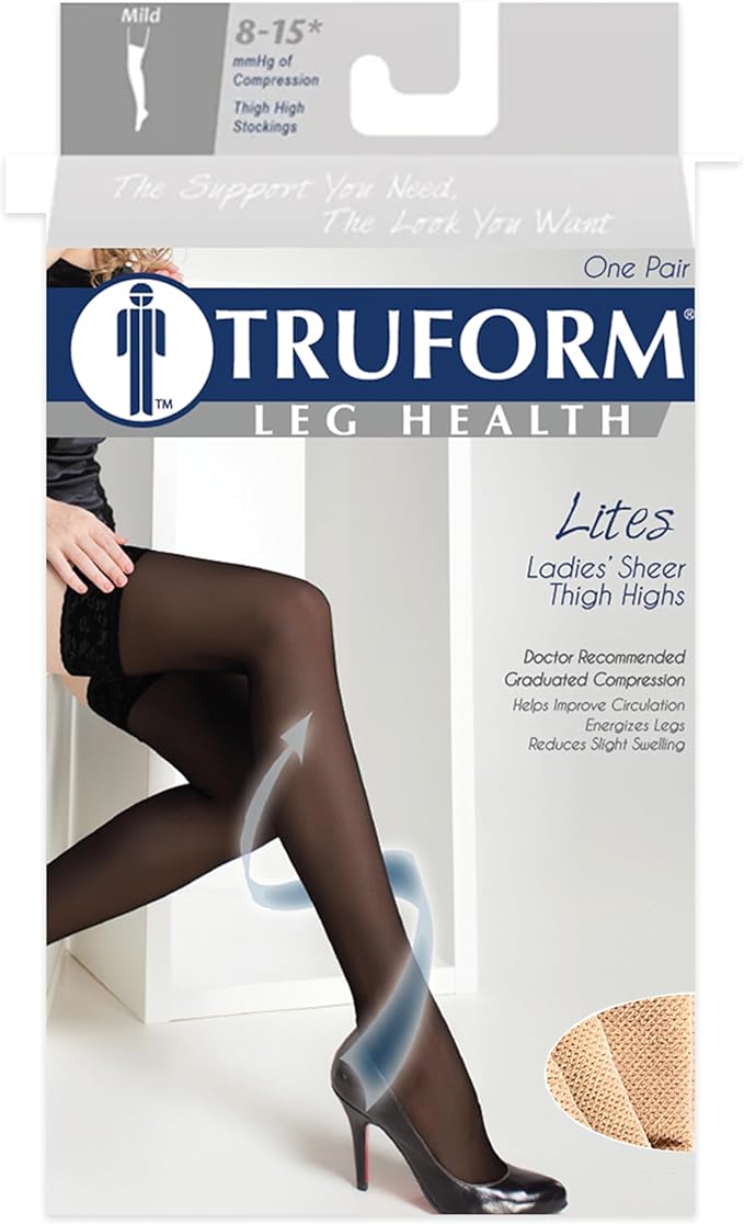 Truform Sheer Compression Stockings, 8-15 mmHg, Women's Thigh High Length, 20 Denier, Black, Large