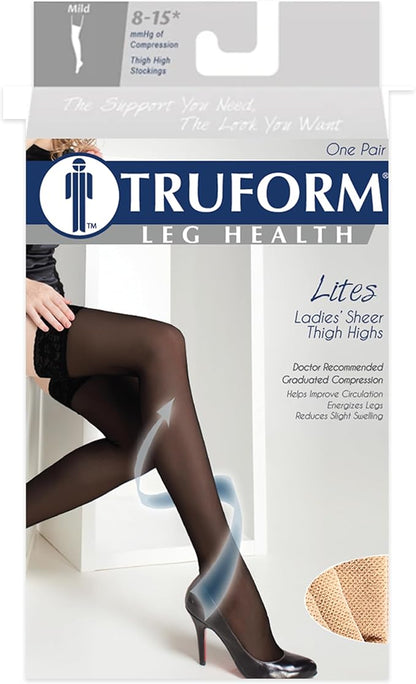 Truform Sheer Compression Stockings, 8-15 mmHg, Women's Thigh High Length, 20 Denier, Black, Large