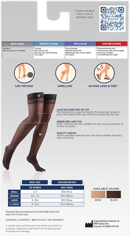 Truform Sheer Compression Stockings, 8-15 mmHg, Women's Thigh High Length, 20 Denier, Black, Large