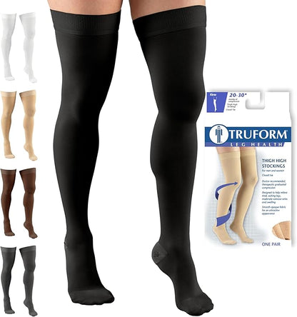 Truform 20-30 mmHg Compression Stockings for Men and Women, Thigh High Length, Dot Top, Closed Toe, Black, X-Large