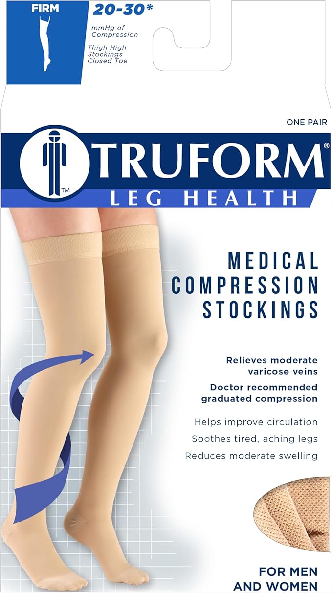 Truform 20-30 mmHg Compression Stockings for Men and Women, Thigh High Length, Dot Top, Closed Toe, Black, X-Large
