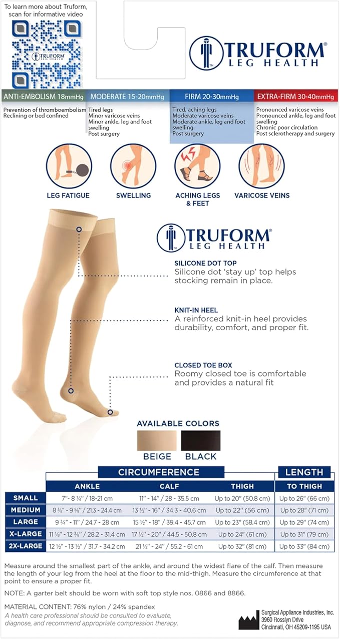 Truform 20-30 mmHg Compression Stockings for Men and Women, Thigh High Length, Dot Top, Closed Toe, Black, X-Large