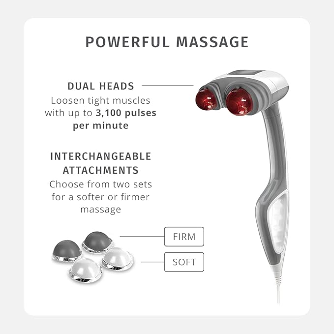 Homedics Back Massager - Heated Automatic Percussion Back, Body and Neck Massager with Duel Pivoting Heads, Interchangeable Nodes, for Shoulders, Legs and Feet, White