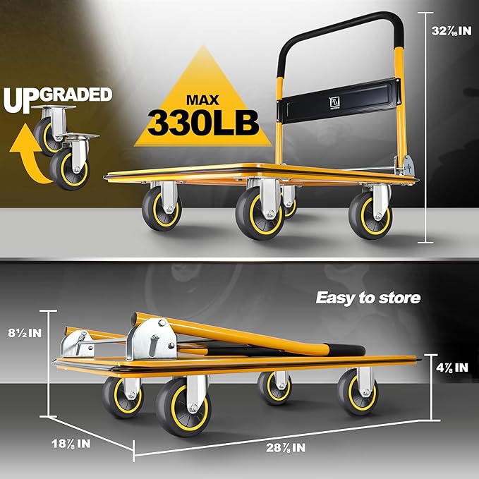 Push Cart Dolly by Wellmax, Moving Platform Hand Truck, Foldable for Easy Storage and 360 Degree Swivel Wheels with 330lb Weight Capacity, Yellow Color