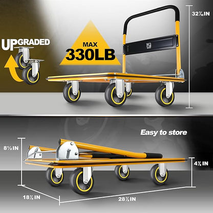Push Cart Dolly by Wellmax, Moving Platform Hand Truck, Foldable for Easy Storage and 360 Degree Swivel Wheels with 330lb Weight Capacity, Yellow Color