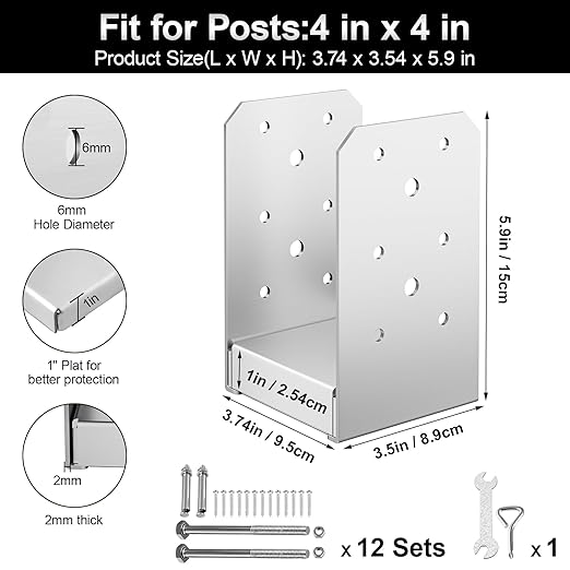 4"x 4" Post Base, 12Pcs Stainless Steel Adjustable Post Anchor Bracket (Internal 3.5 x 3.5), Adjustable Post Base for Pavilion Deck Porch Handrail Railing Support Decorative Anchor Plate