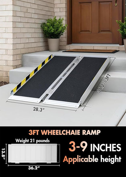 Protable wheelchair ramp 3FT,Non-Slip Folding Aluminum Handicap Ramps,Threshold Ramp for home,Holds up to 800lbs,Wheelchair ramp for steps,Mobility Scooter,Doorways (3FT Useing Height 3-9inch)