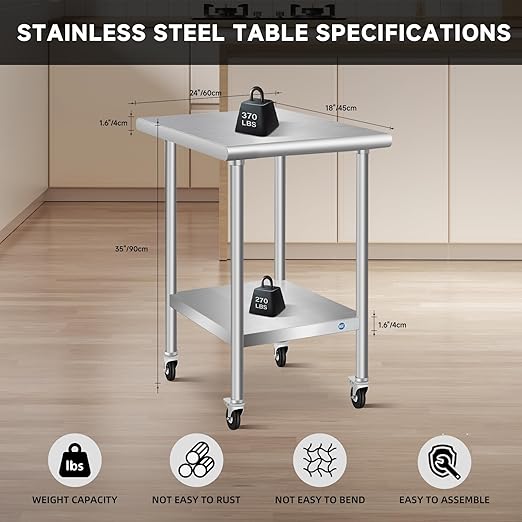 Stainless Steel Table with Wheels 24 x 18 Inch Commercial Stainless Steel Prep Table, Metal Table for Kitchen Restaurant Garage