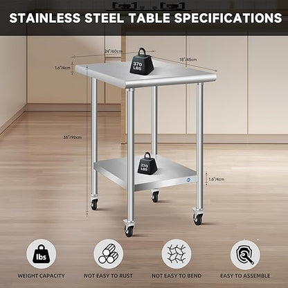 Stainless Steel Table with Wheels 24 x 18 Inch Commercial Stainless Steel Prep Table, Metal Table for Kitchen Restaurant Garage
