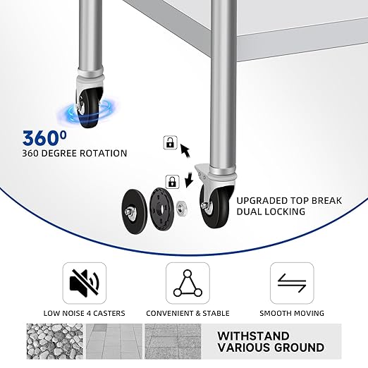 Stainless Steel Table with Wheels 24 x 18 Inch Commercial Stainless Steel Prep Table, Metal Table for Kitchen Restaurant Garage