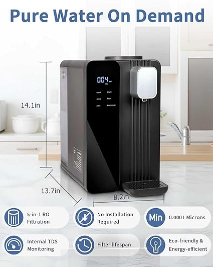 Countertop Reverse Osmosis System Water Filter - 5 Stage RO Water Filtration System, No Installation Portable Home Water Purifier, TDS & Filter Monitor, 3:1 Pure to Drain, Black