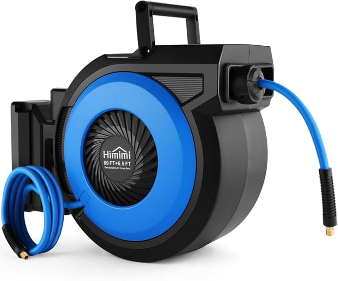 80FT + 6.5FT Retractable Air Hose Reel, Wall Mount Pneumatic Hose Reel for Garage Workshop, Automatic Rewind, 3/8" x 80' Hybrid Air Hose with Brass Fittings + Bend Restrictors, 300PSI