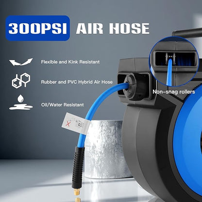 80FT + 6.5FT Retractable Air Hose Reel, Wall Mount Pneumatic Hose Reel for Garage Workshop, Automatic Rewind, 3/8" x 80' Hybrid Air Hose with Brass Fittings + Bend Restrictors, 300PSI