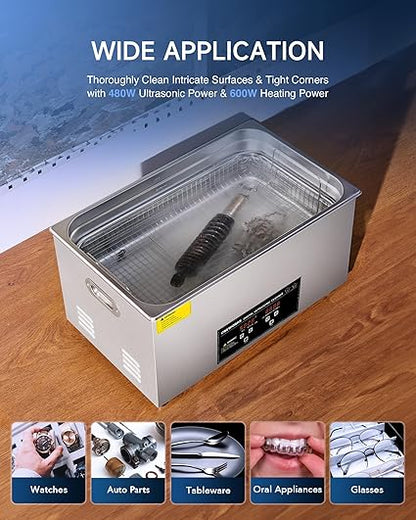 CREWORKS 22L Digital Ultrasonic Cleaning Machine with Heater and Timer, 480W Stainless Steel Ultrasonic Cleaner Machine, 5.8 gal Ultrasonic Parts Cleaner for Retainer Glasses Auto Tool Machine Part