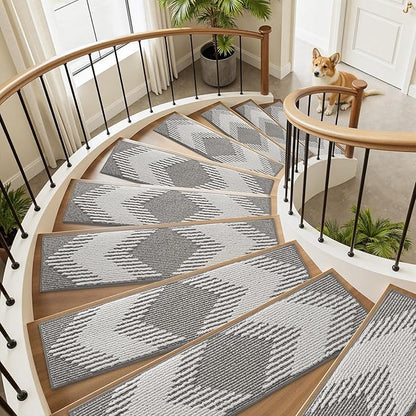 PADOOR 15PC Stair-Treads Non Slip, 3D Peel and Stick Stair Treads for Wooden Steps Indoor, Stair-Carpet Treads Washable Reusable Adhesive Stair-Runner Rugs for Kids and Dogs 8"x30" Grey