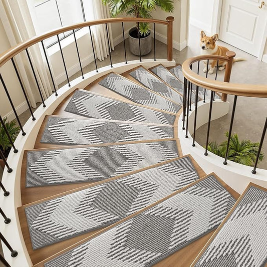 PADOOR 15PC Stair-Treads Non Slip, 3D Peel and Stick Stair Treads for Wooden Steps Indoor, Stair-Carpet Treads Washable Reusable Adhesive Stair-Runner Rugs for Kids and Dogs 8"x30" Grey